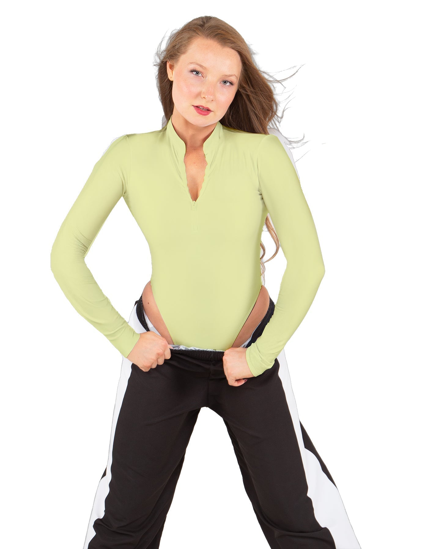 Solid Lycra LS TNeck Zipper Front Leotard High Cut Leg