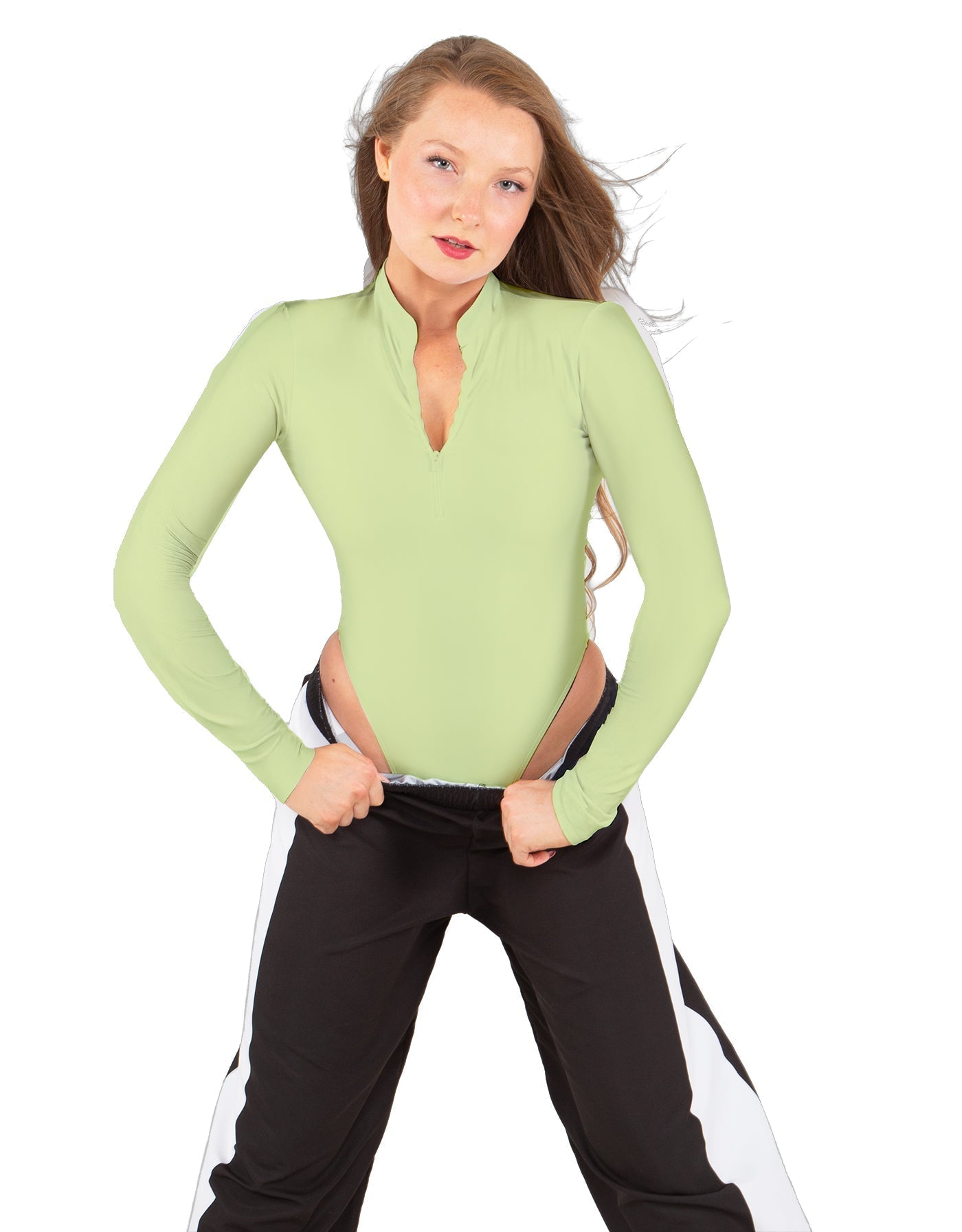 Solid Lycra LS TNeck Zipper Front Leotard High Cut Leg