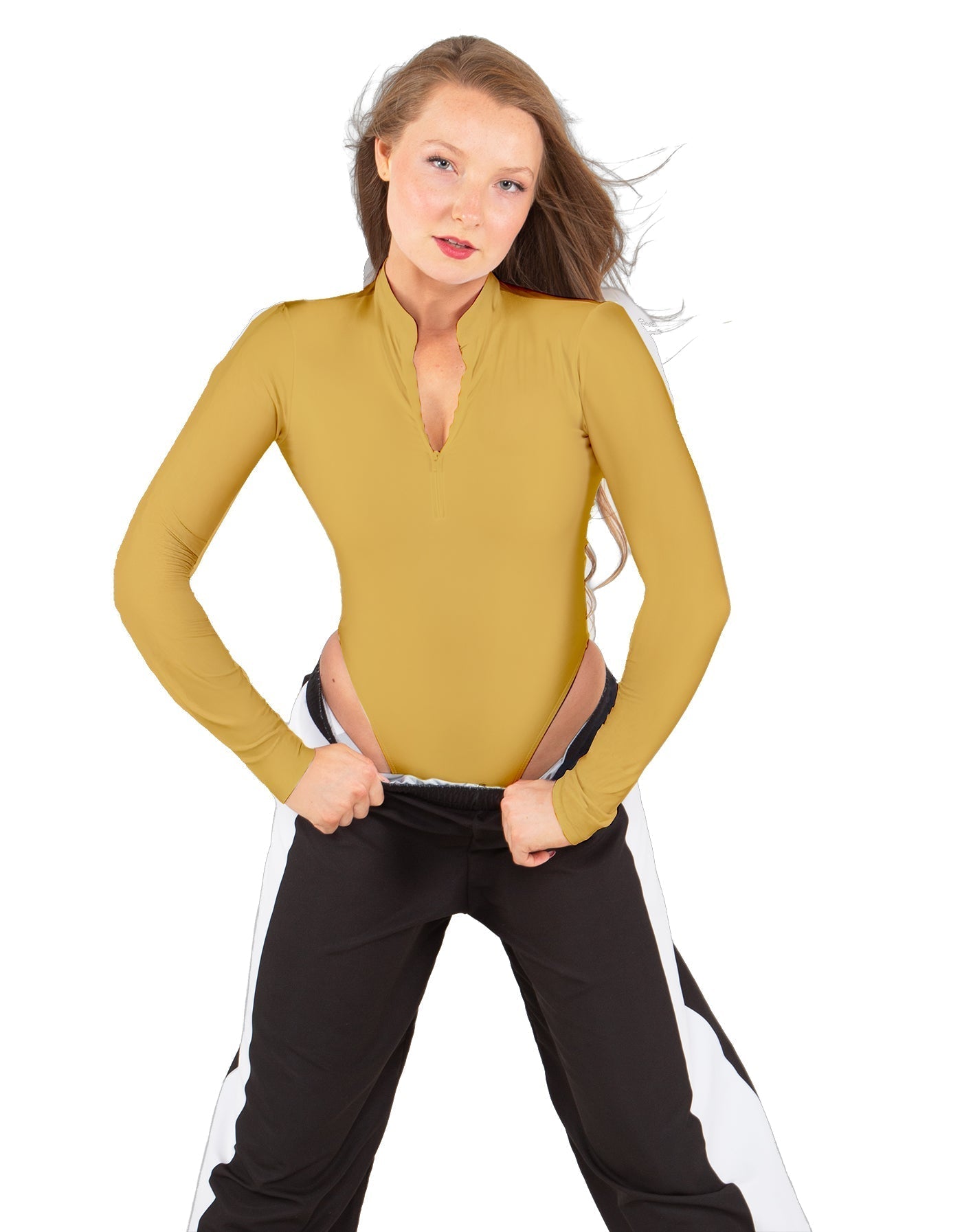 Solid Lycra LS TNeck Zipper Front Leotard High Cut Leg