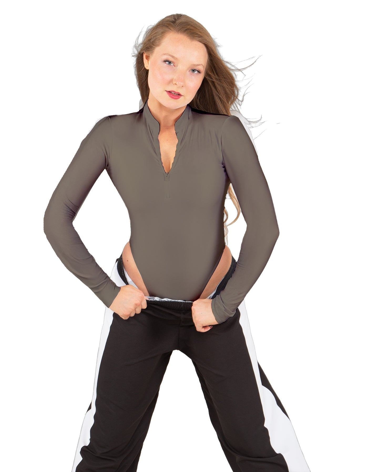 Solid Lycra LS TNeck Zipper Front Leotard High Cut Leg