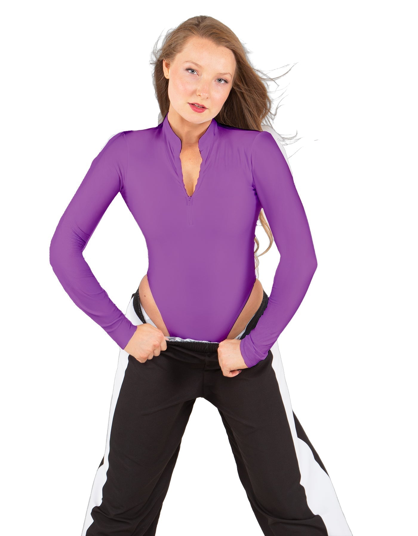 Solid Lycra LS TNeck Zipper Front Leotard High Cut Leg