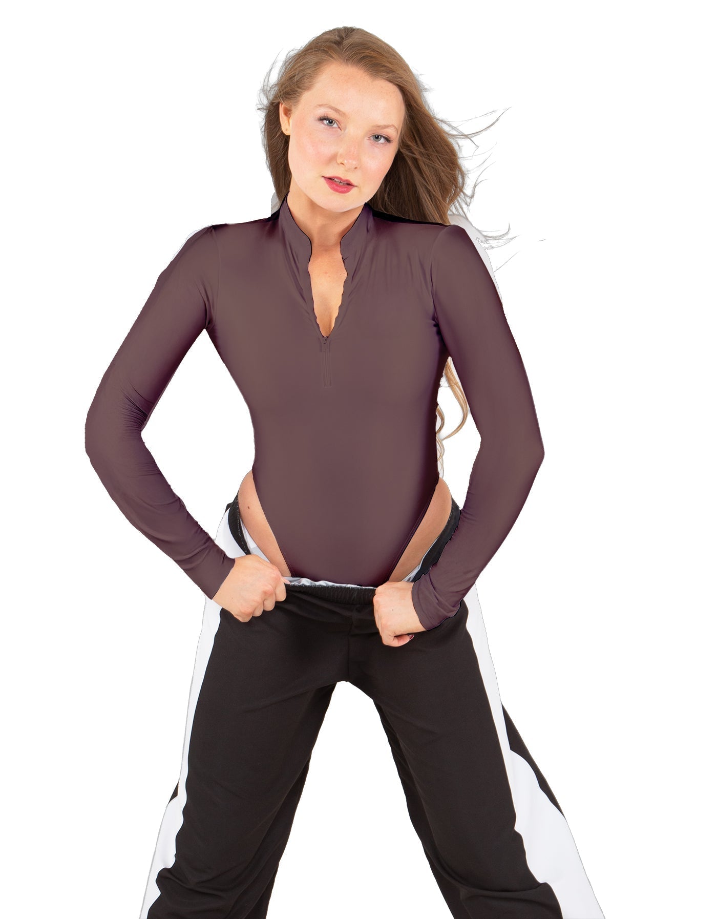 Solid Lycra LS TNeck Zipper Front Leotard High Cut Leg