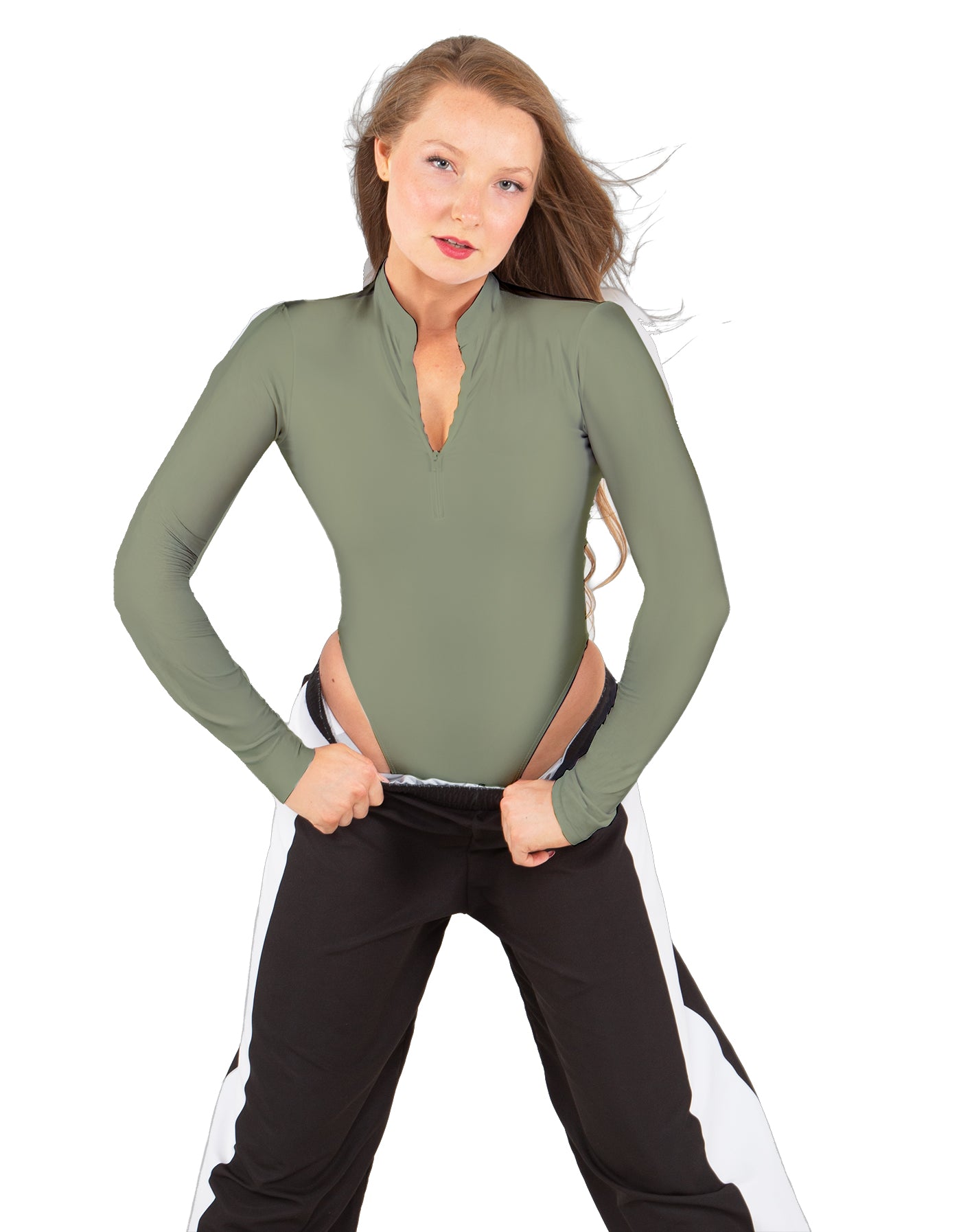 Solid Lycra LS TNeck Zipper Front Leotard High Cut Leg