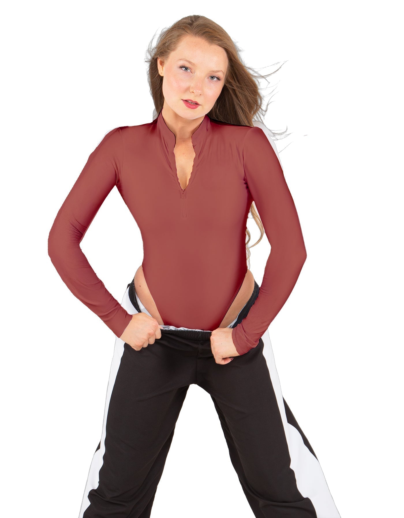 Solid Lycra LS TNeck Zipper Front Leotard High Cut Leg