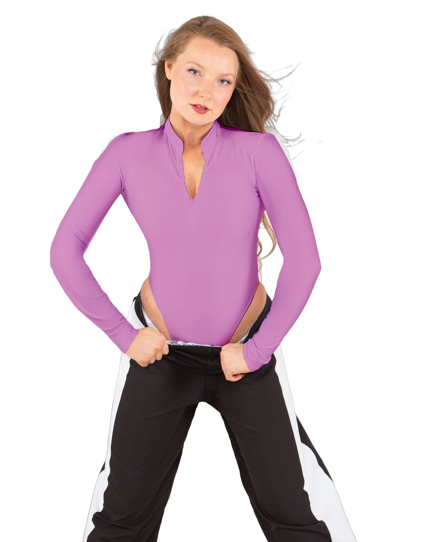 Solid Lycra LS TNeck Zipper Front Leotard High Cut Leg