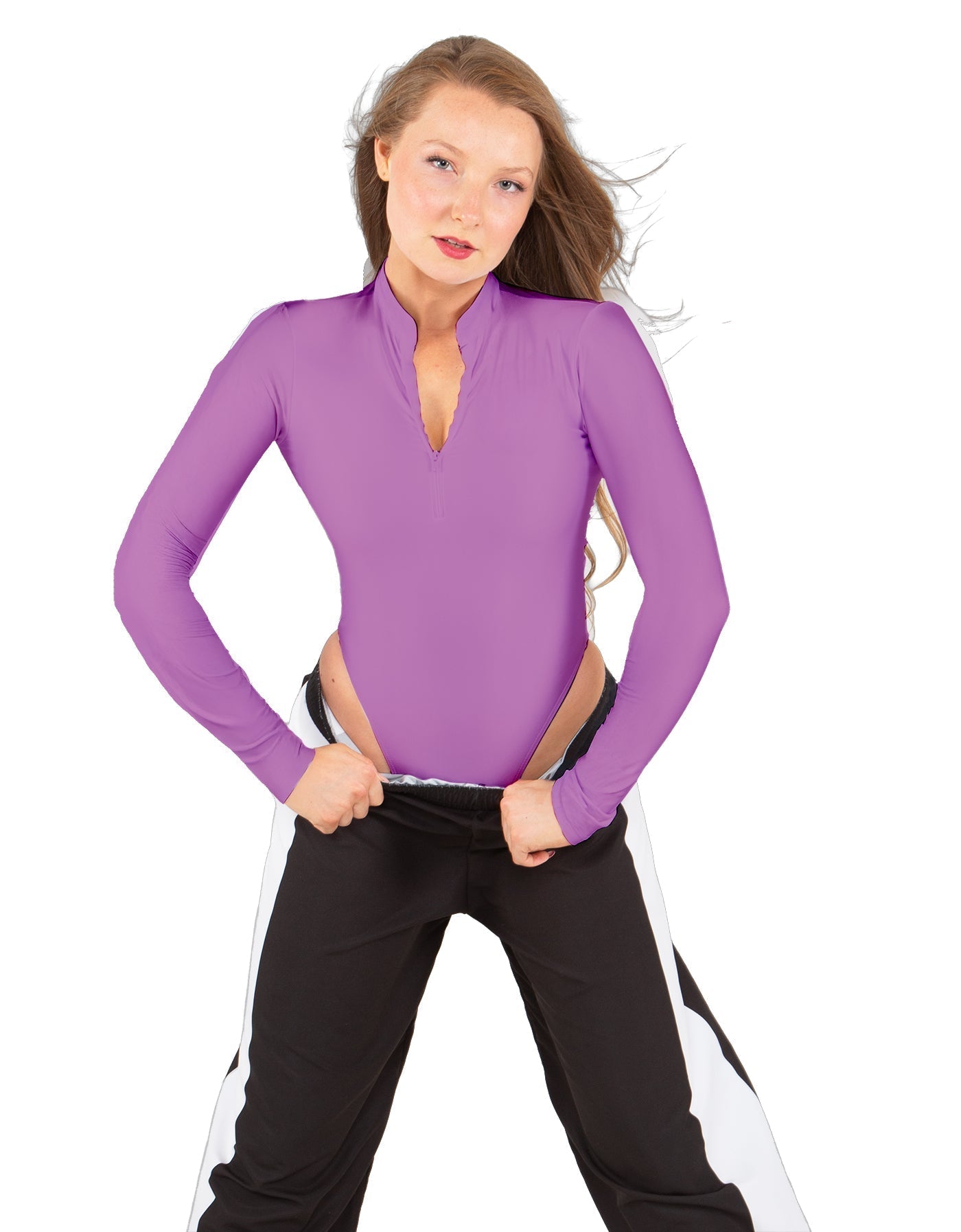 Solid Lycra LS TNeck Zipper Front Leotard High Cut Leg