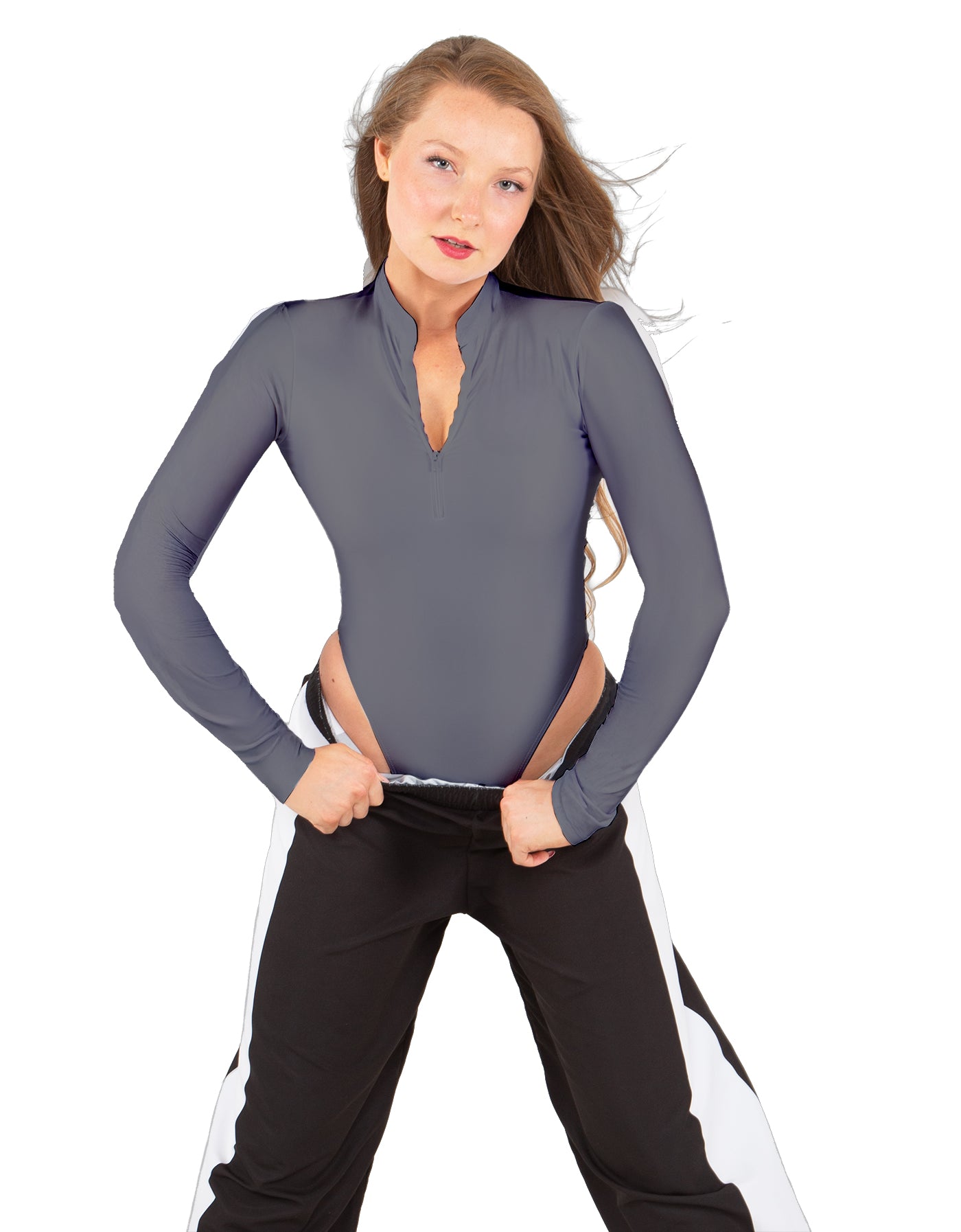 Solid Lycra LS TNeck Zipper Front Leotard High Cut Leg