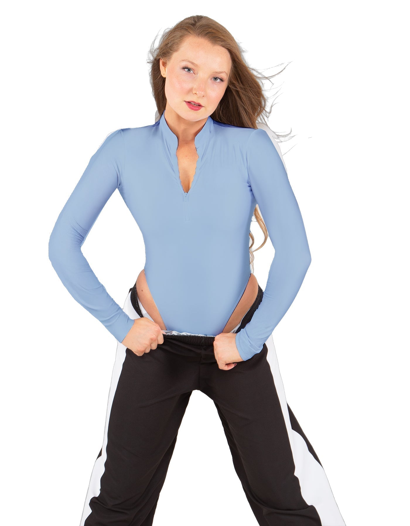 Solid Lycra LS TNeck Zipper Front Leotard High Cut Leg