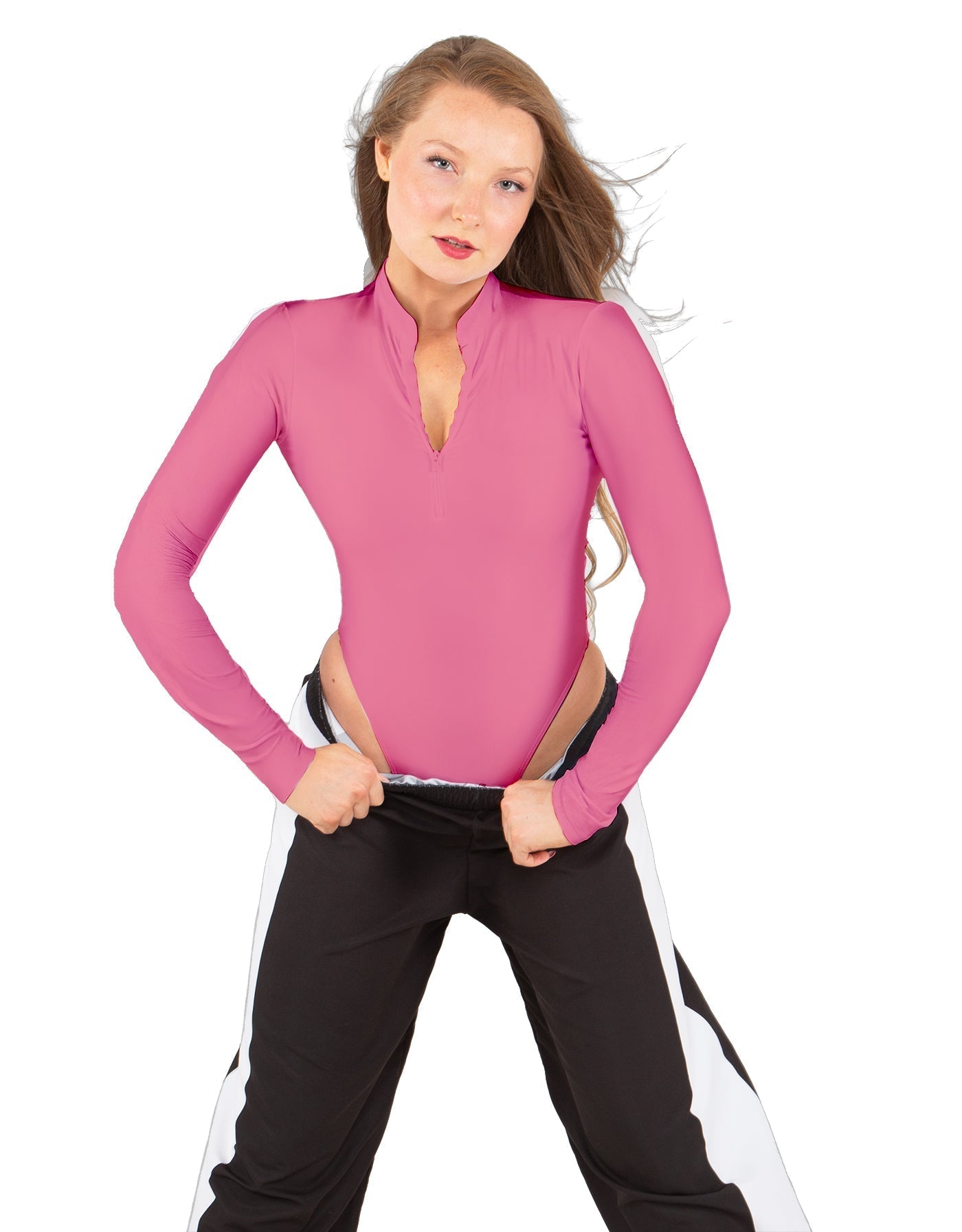Solid Lycra LS TNeck Zipper Front Leotard High Cut Leg