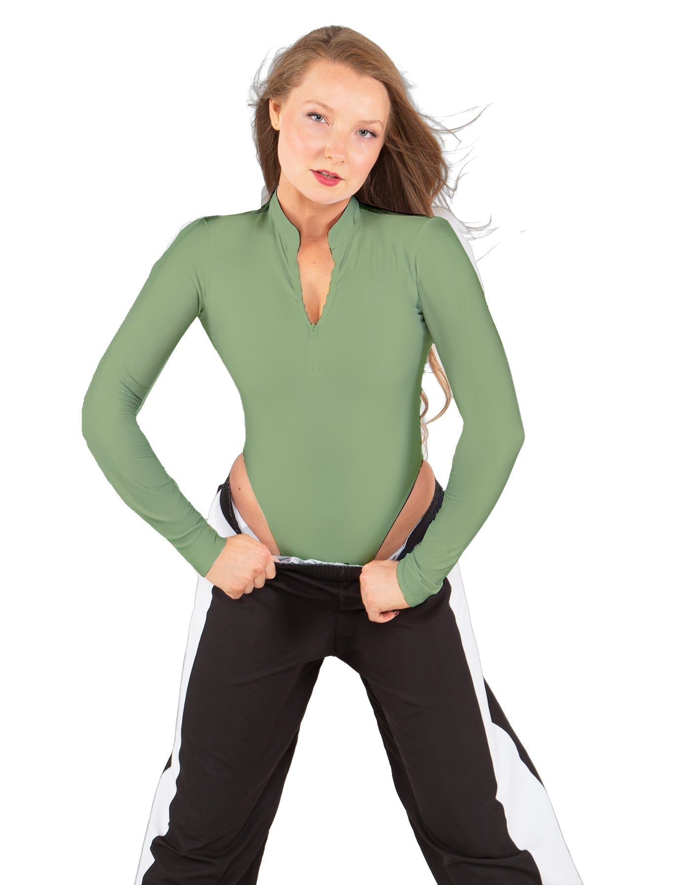 Solid Lycra LS TNeck Zipper Front Leotard High Cut Leg