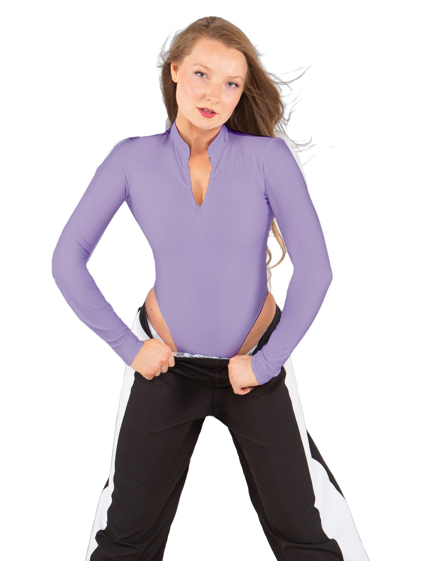 Solid Lycra LS TNeck Zipper Front Leotard High Cut Leg