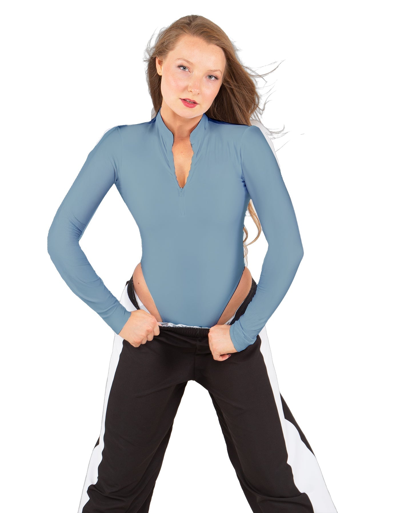 Solid Lycra LS TNeck Zipper Front Leotard High Cut Leg