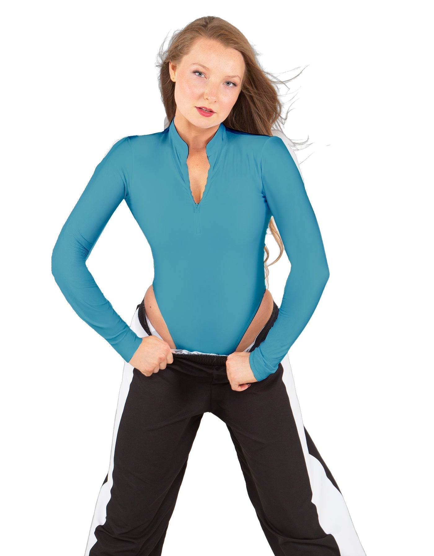 Solid Lycra LS TNeck Zipper Front Leotard High Cut Leg