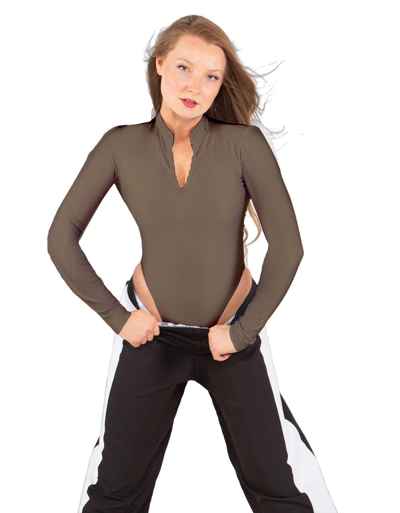 Solid Lycra LS TNeck Zipper Front Leotard High Cut Leg