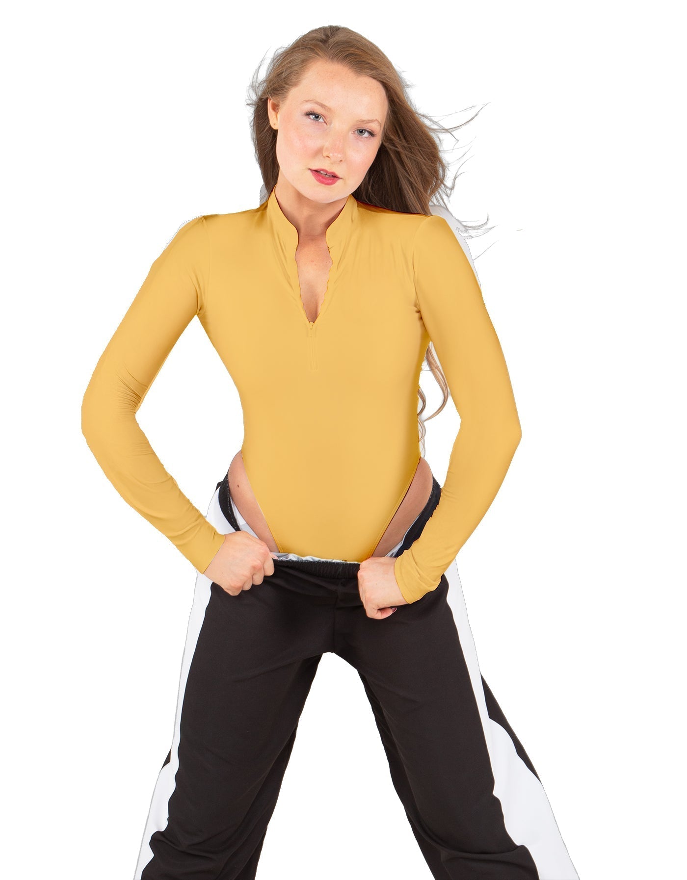 Solid Lycra LS TNeck Zipper Front Leotard High Cut Leg
