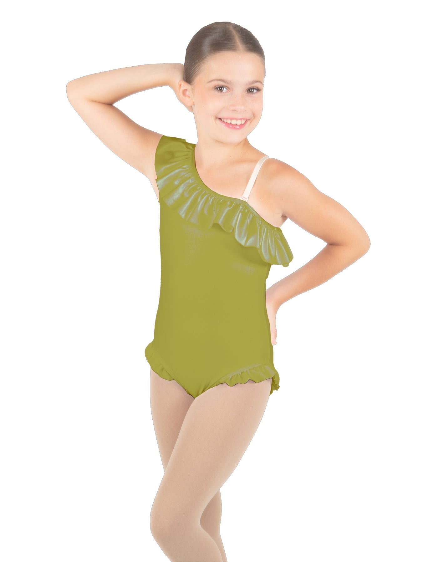 Solid Lycra One Shoulder w Ruffle w Leg Flutter Leotard