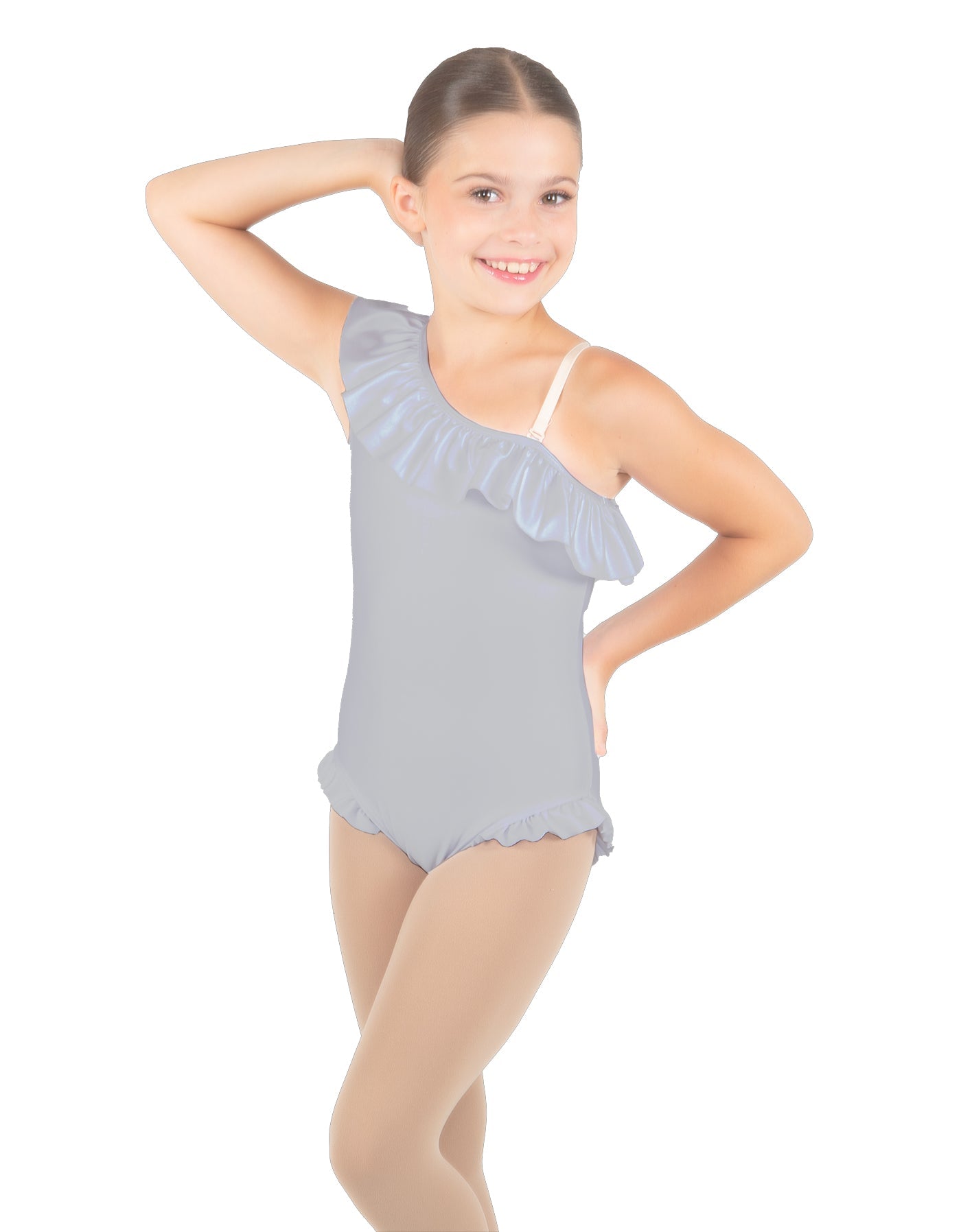 Solid Lycra One Shoulder w Ruffle w Leg Flutter Leotard