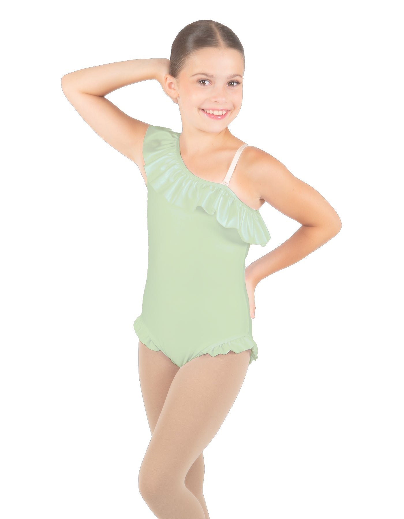 Solid Lycra One Shoulder w Ruffle w Leg Flutter Leotard