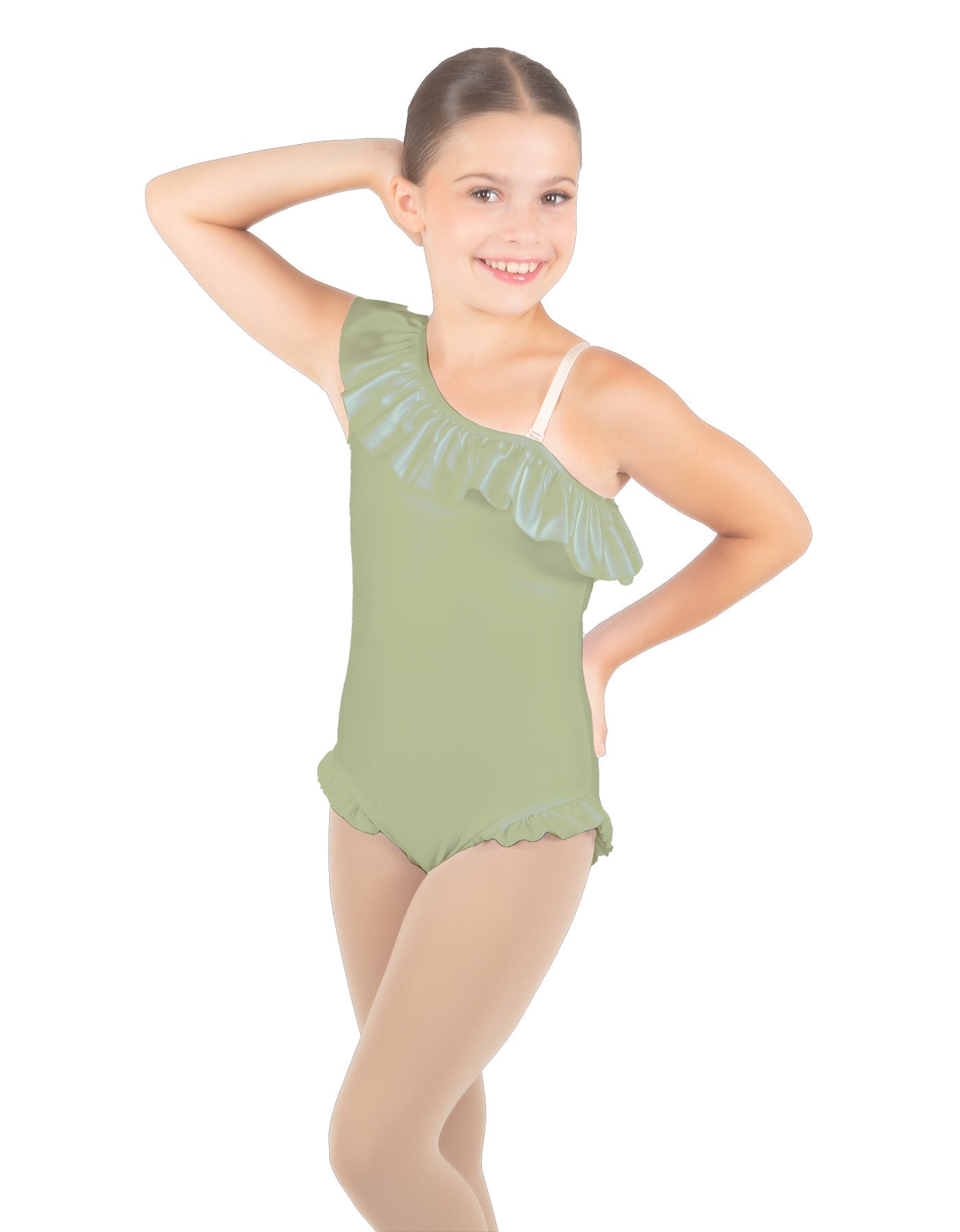 Solid Lycra One Shoulder w Ruffle w Leg Flutter Leotard