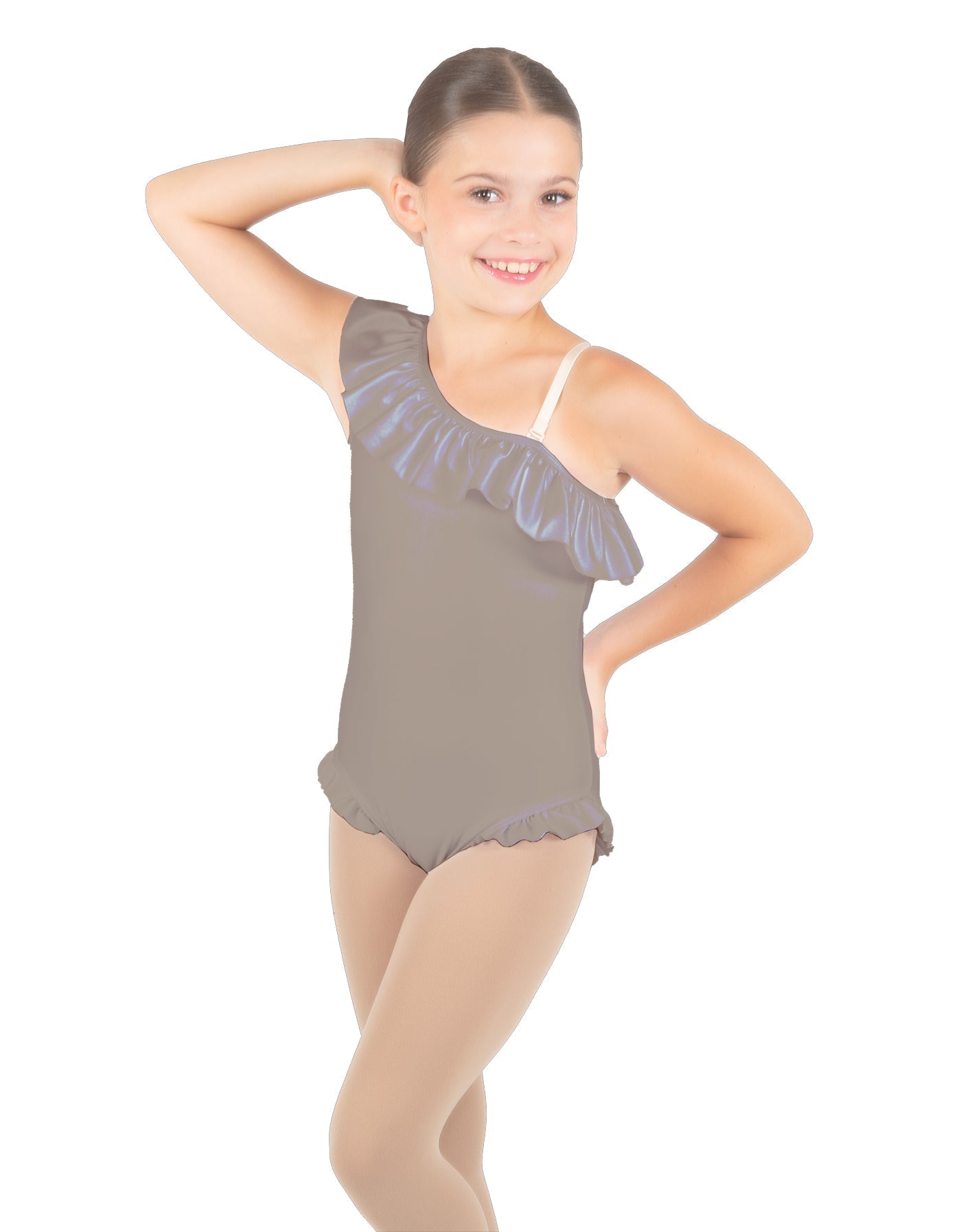 Solid Lycra One Shoulder w Ruffle w Leg Flutter Leotard