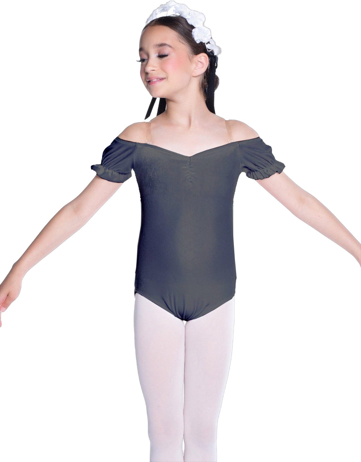 Solid Lycra Puff Sleeve Off the Shoulder Peasant Leotard