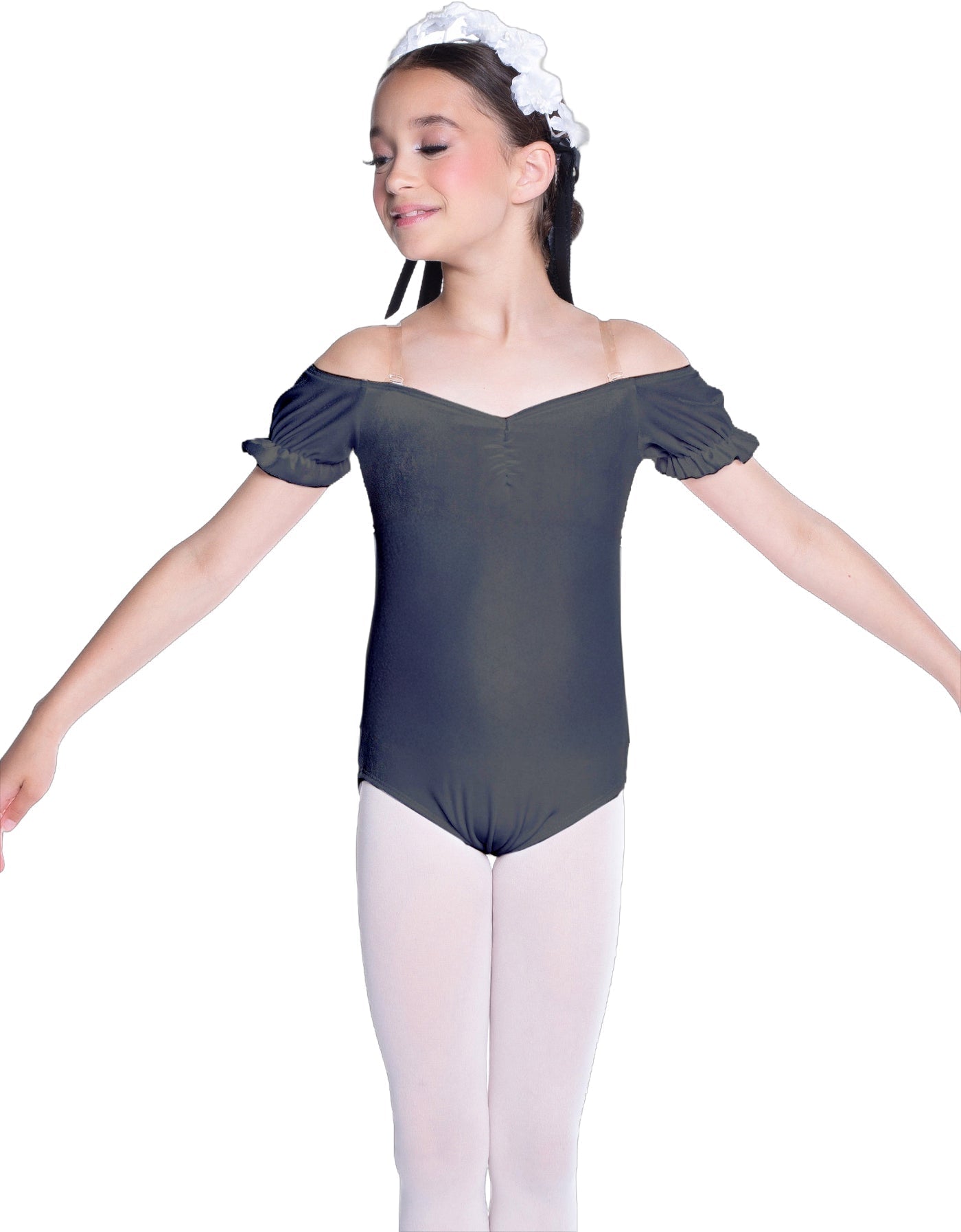Solid Lycra Puff Sleeve Off the Shoulder Peasant Leotard