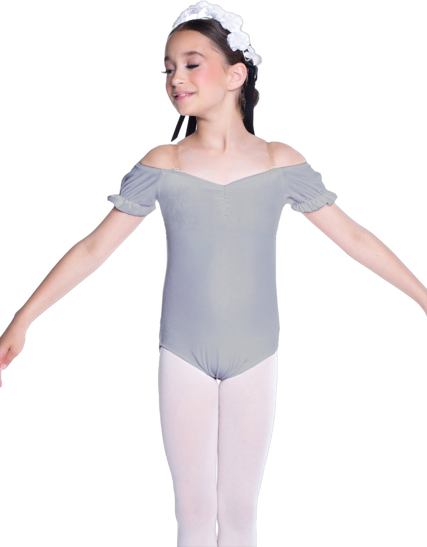 Solid Lycra Puff Sleeve Off the Shoulder Peasant Leotard
