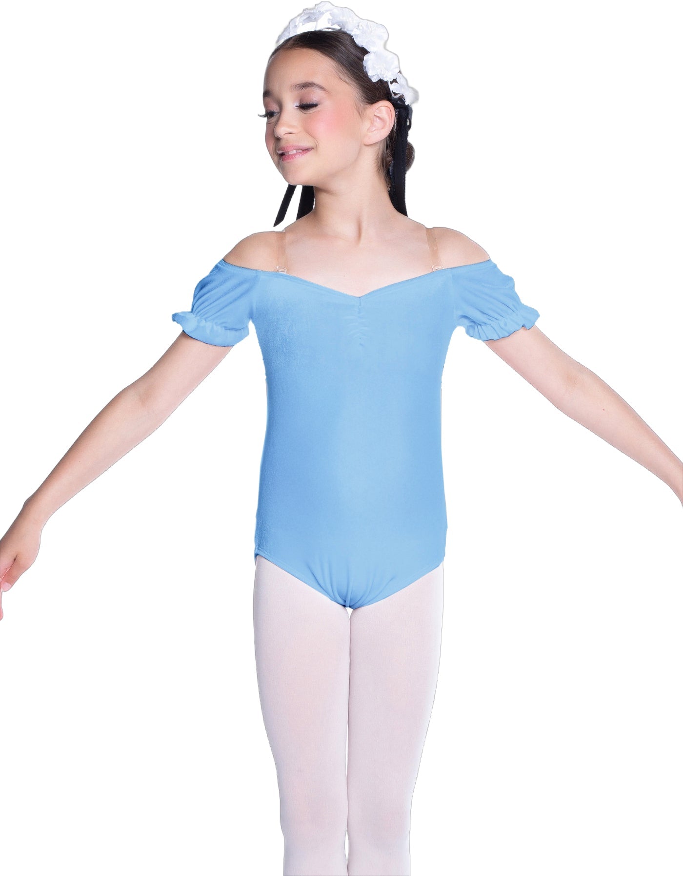 Solid Lycra Puff Sleeve Off the Shoulder Peasant Leotard