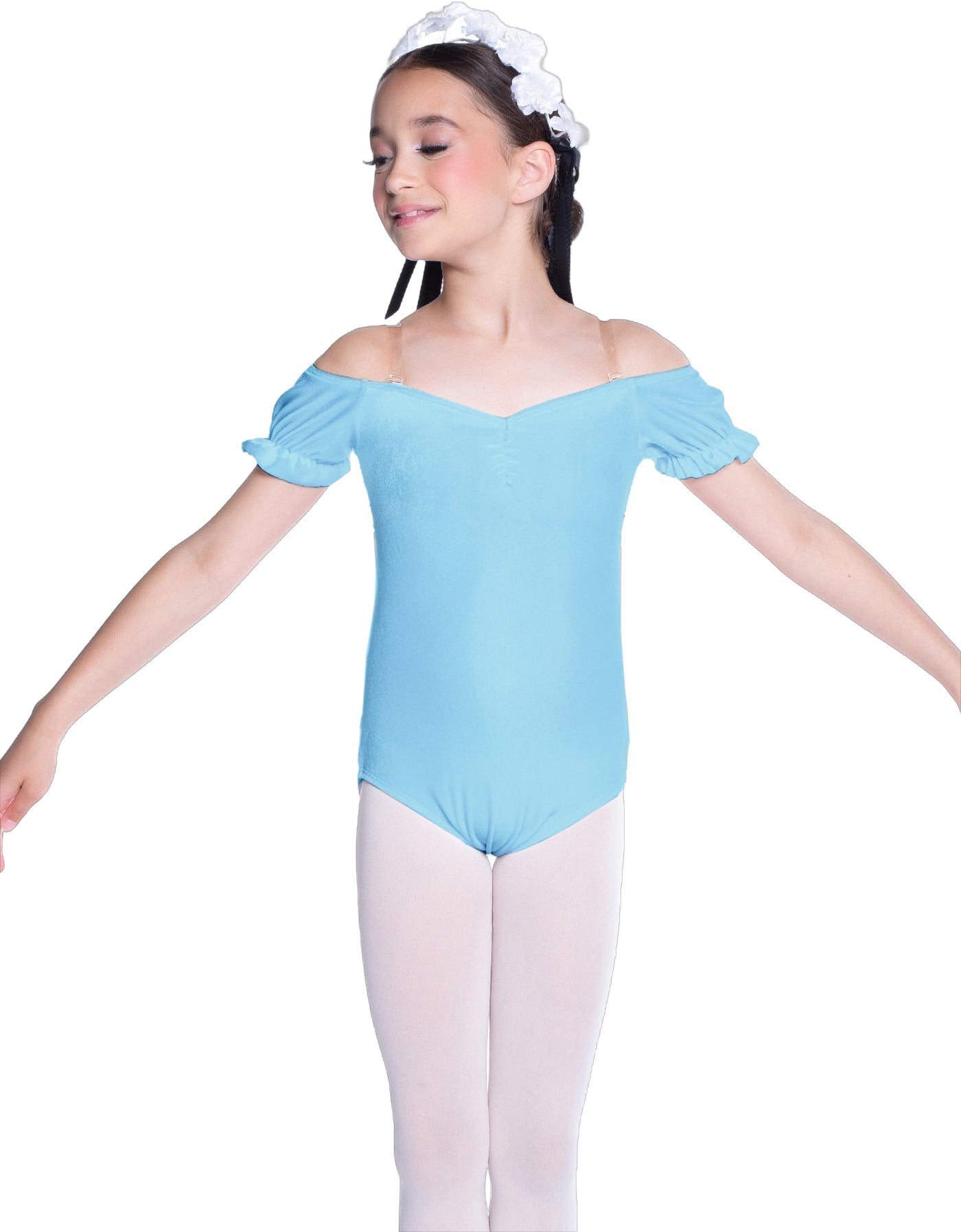 Solid Lycra Puff Sleeve Off the Shoulder Peasant Leotard