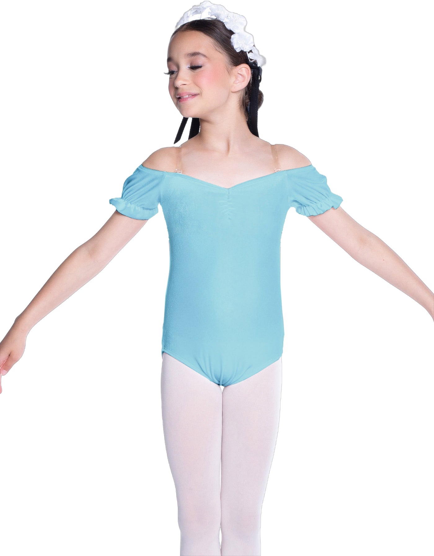 Solid Lycra Puff Sleeve Off the Shoulder Peasant Leotard