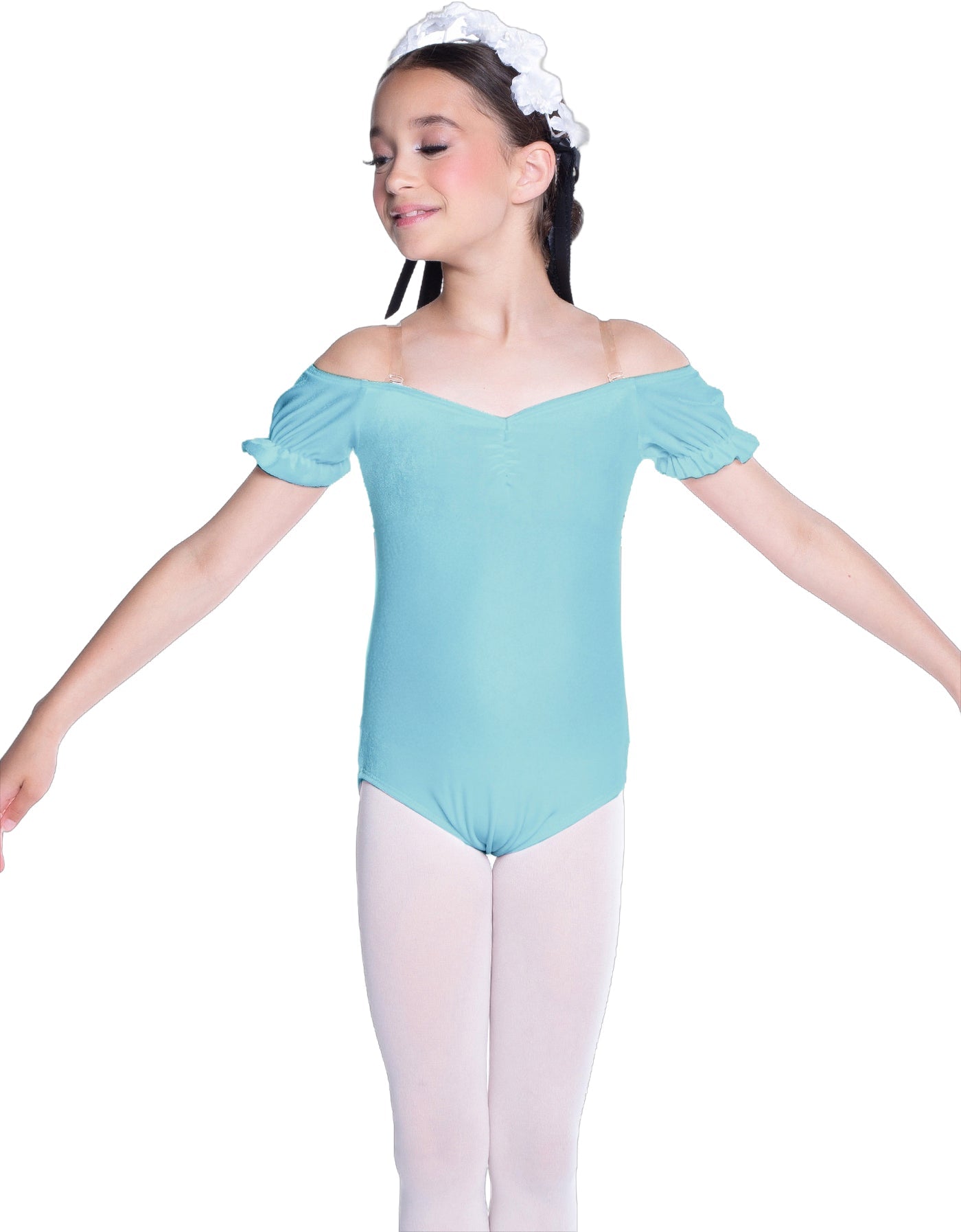 Solid Lycra Puff Sleeve Off the Shoulder Peasant Leotard