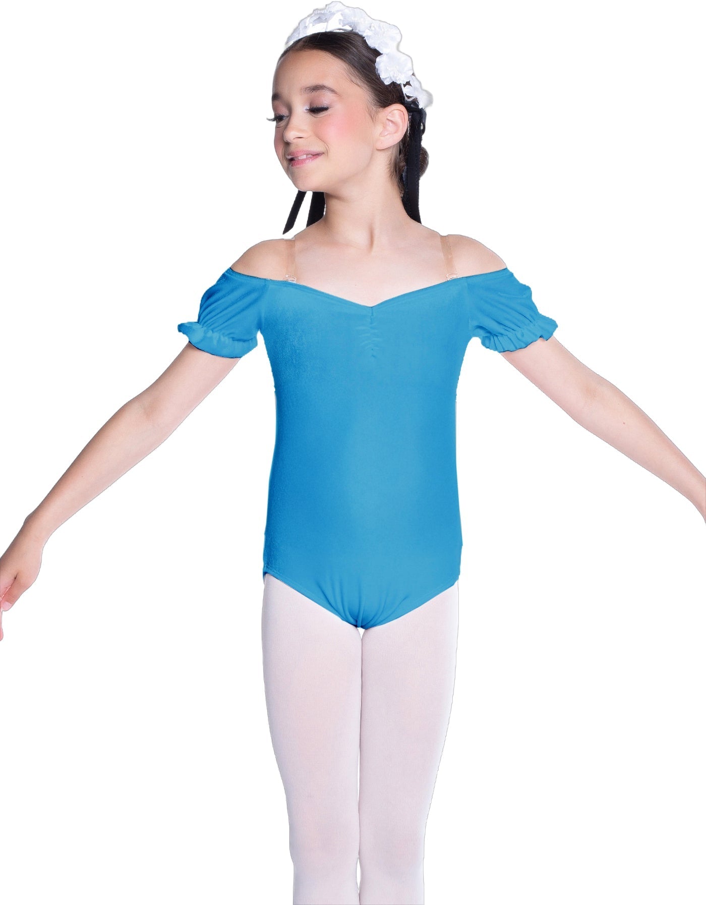 Solid Lycra Puff Sleeve Off the Shoulder Peasant Leotard