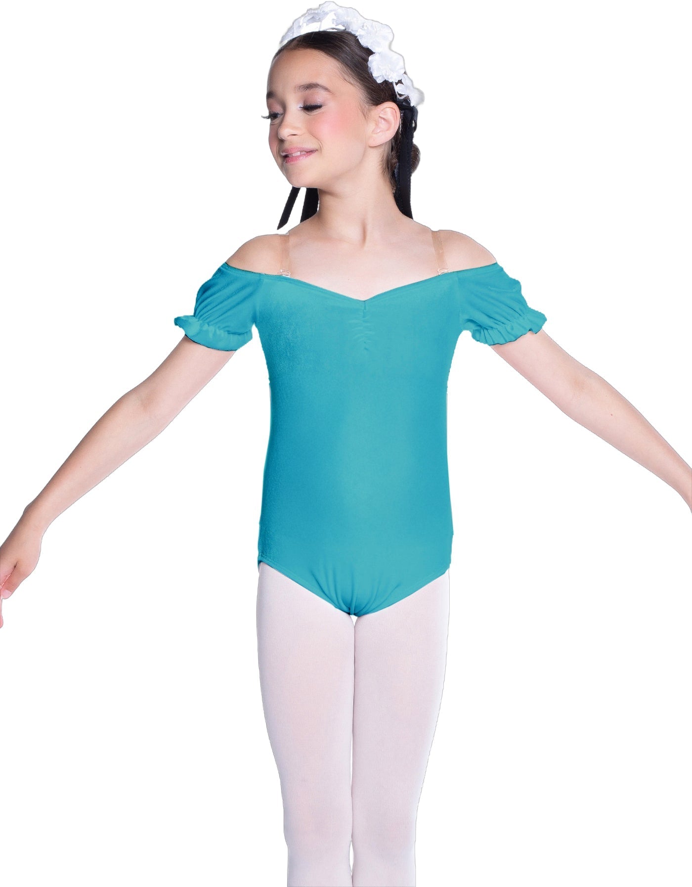 Solid Lycra Puff Sleeve Off the Shoulder Peasant Leotard
