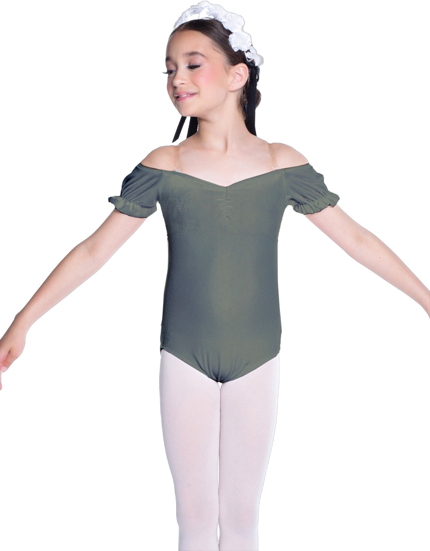 Solid Lycra Puff Sleeve Off the Shoulder Peasant Leotard