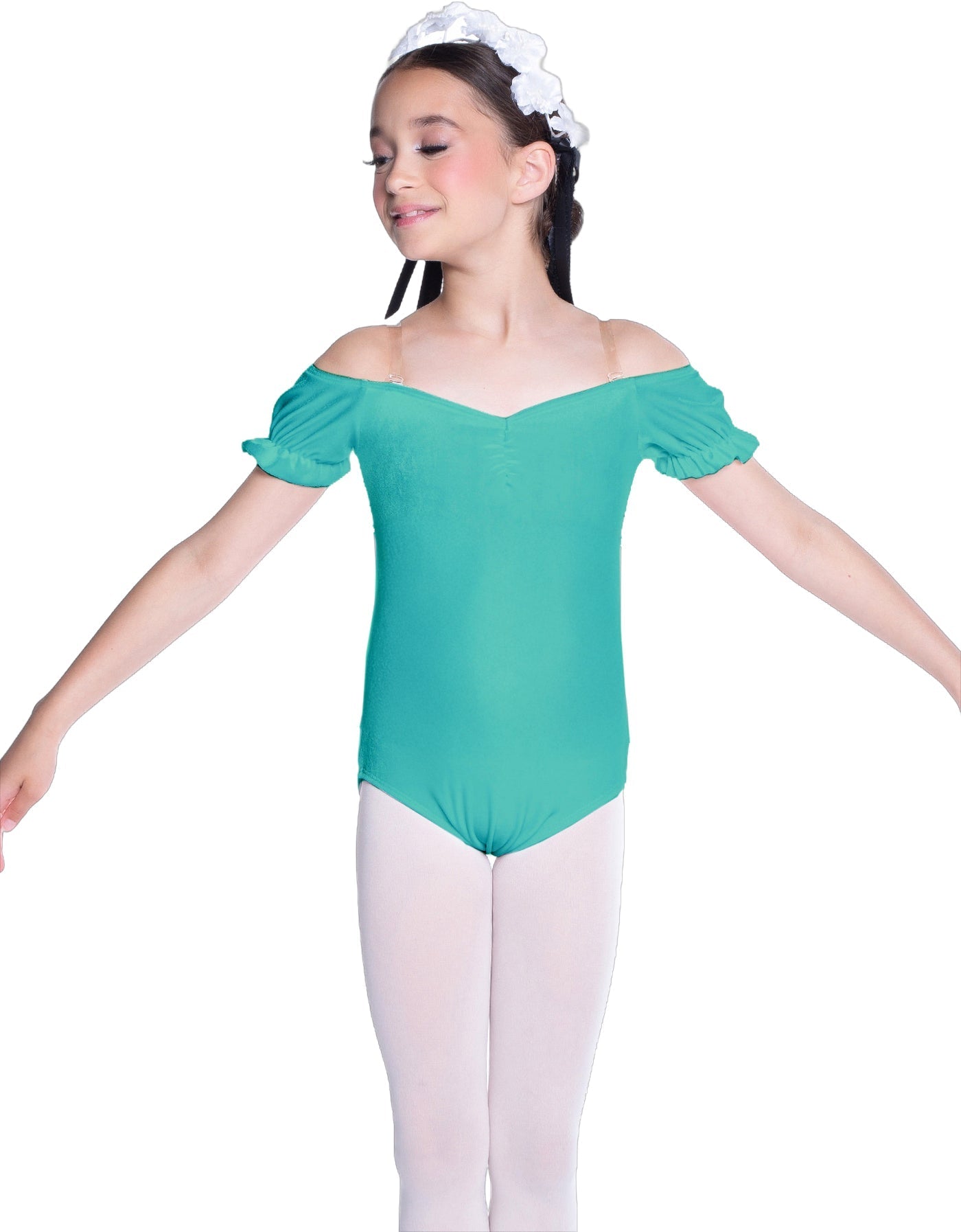 Solid Lycra Puff Sleeve Off the Shoulder Peasant Leotard