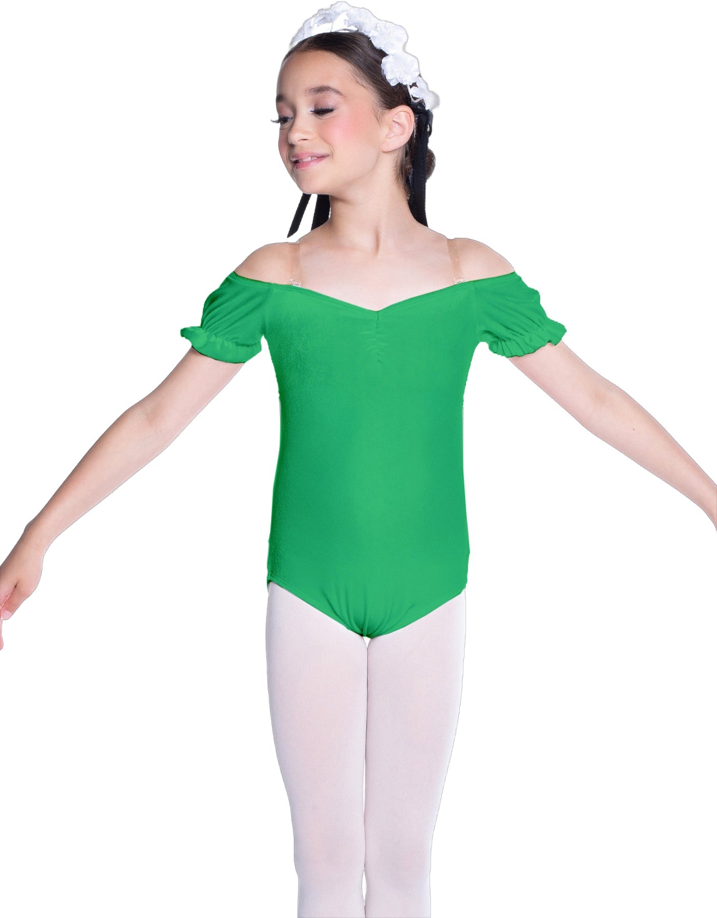 Solid Lycra Puff Sleeve Off the Shoulder Peasant Leotard