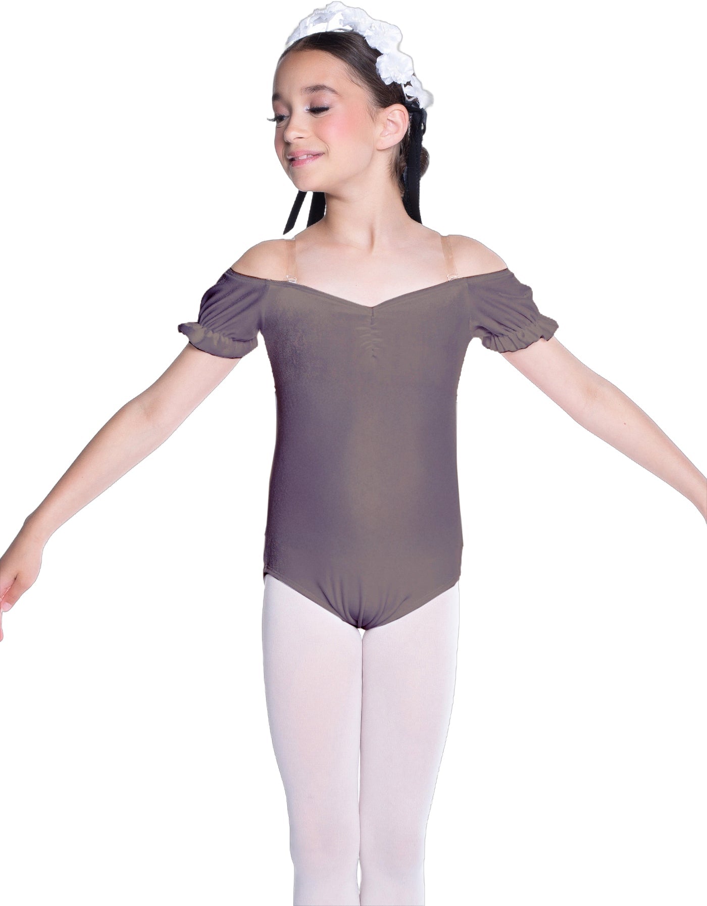 Solid Lycra Puff Sleeve Off the Shoulder Peasant Leotard