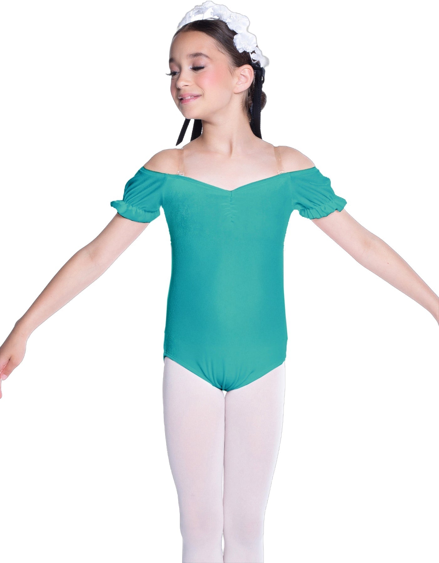 Solid Lycra Puff Sleeve Off the Shoulder Peasant Leotard