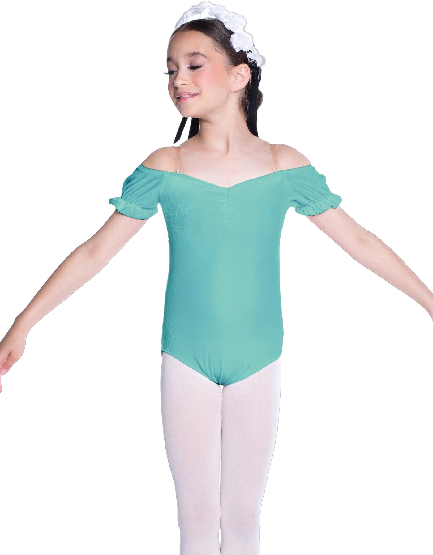 Solid Lycra Puff Sleeve Off the Shoulder Peasant Leotard