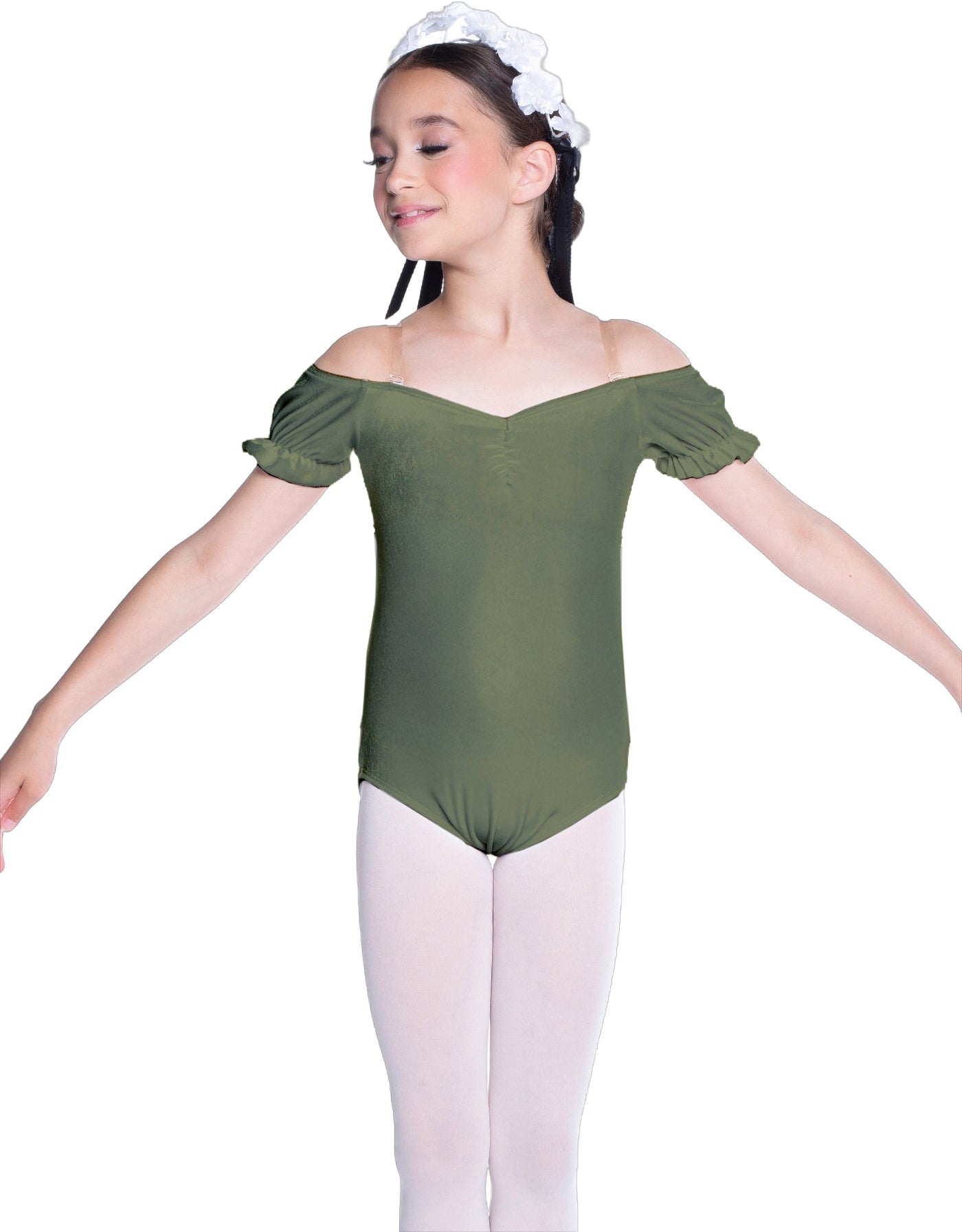 Solid Lycra Puff Sleeve Off the Shoulder Peasant Leotard