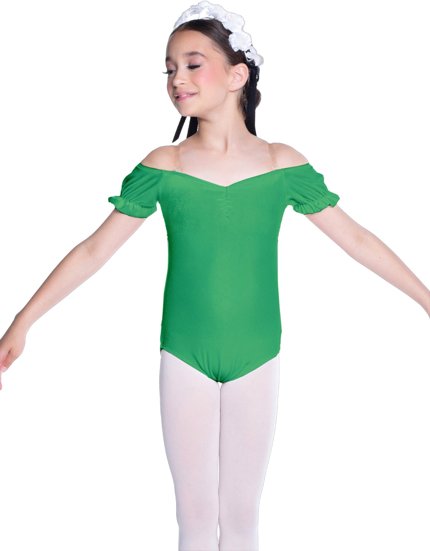 Solid Lycra Puff Sleeve Off the Shoulder Peasant Leotard