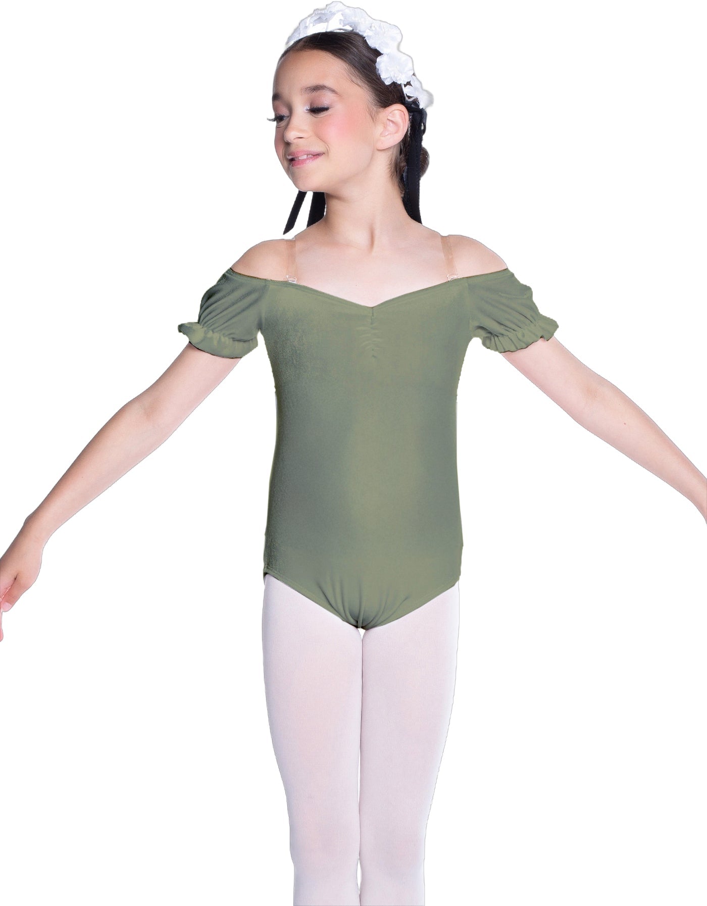 Solid Lycra Puff Sleeve Off the Shoulder Peasant Leotard