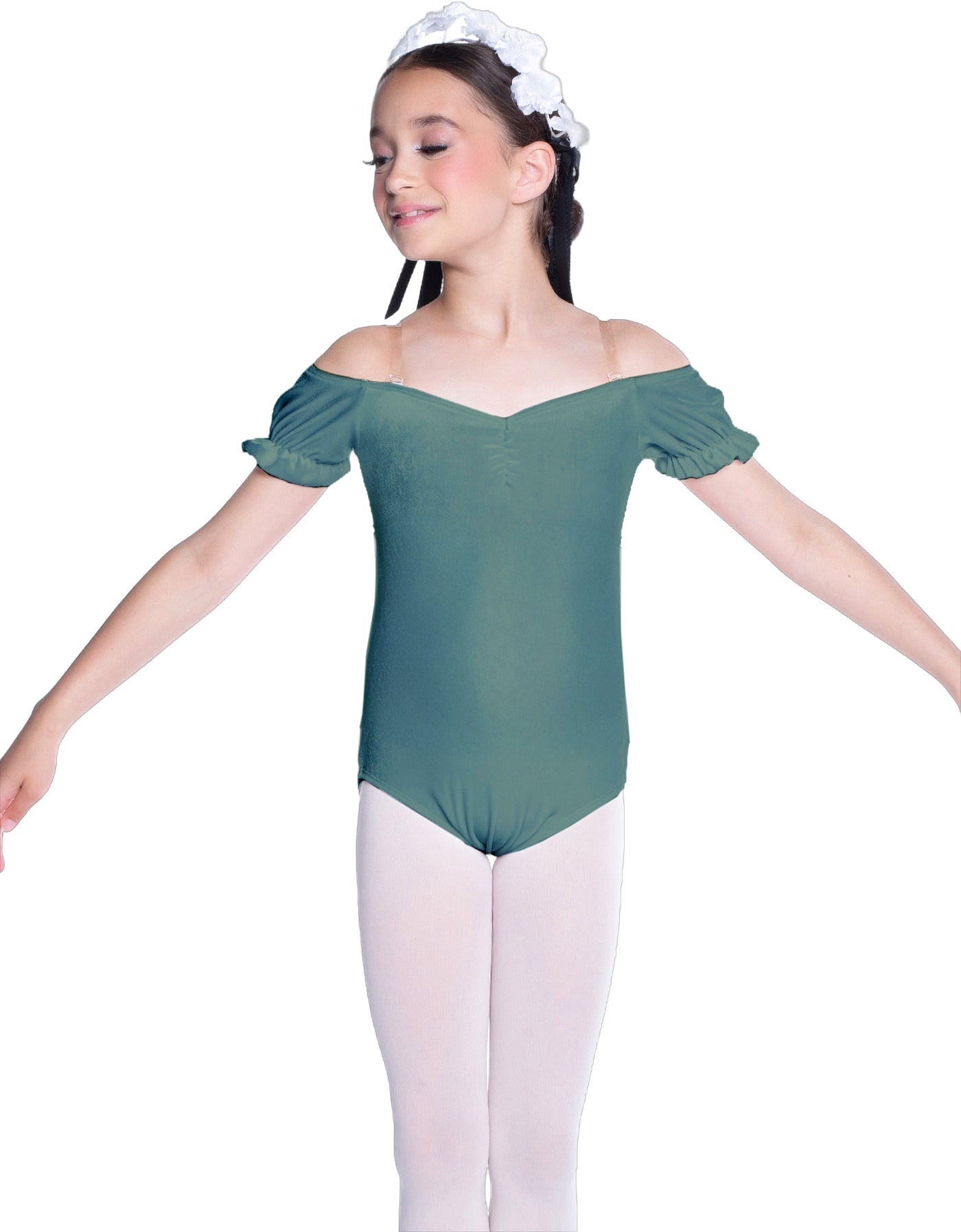 Solid Lycra Puff Sleeve Off the Shoulder Peasant Leotard