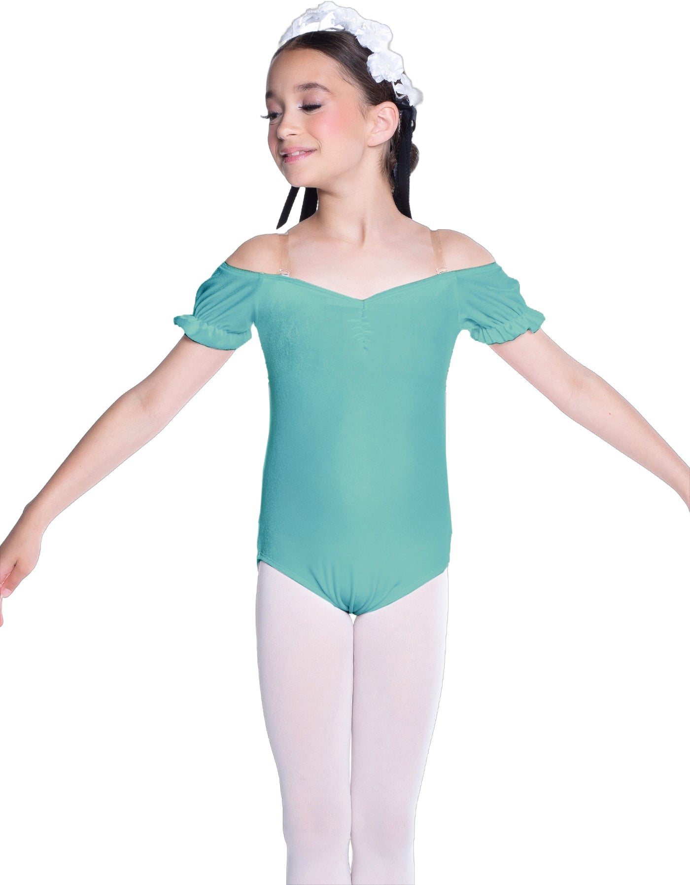 Solid Lycra Puff Sleeve Off the Shoulder Peasant Leotard