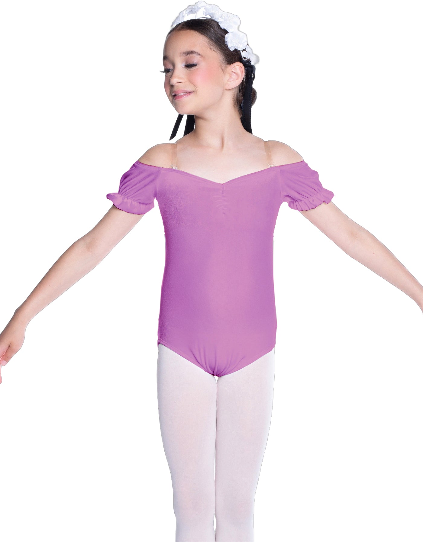 Solid Lycra Puff Sleeve Off the Shoulder Peasant Leotard