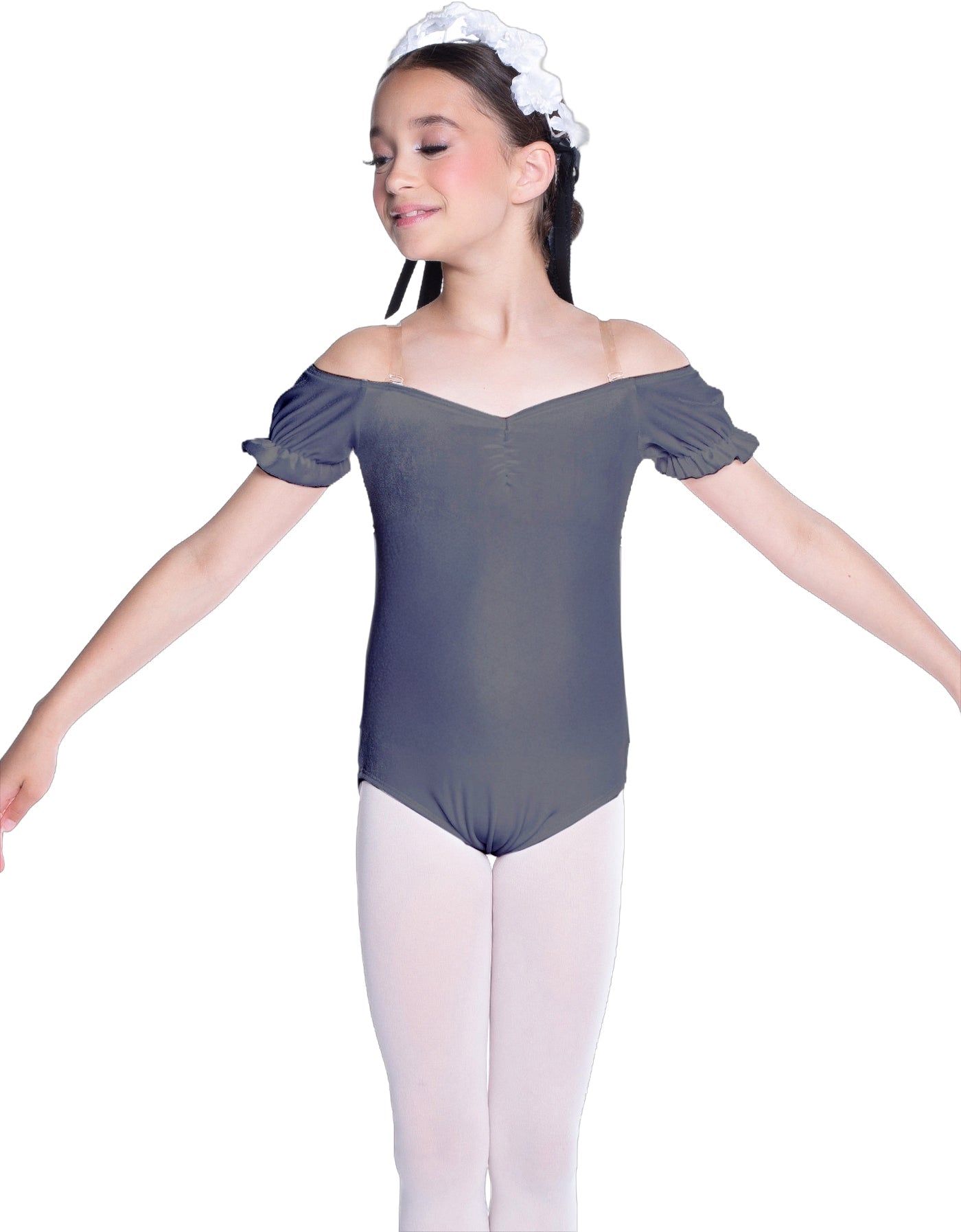 Solid Lycra Puff Sleeve Off the Shoulder Peasant Leotard