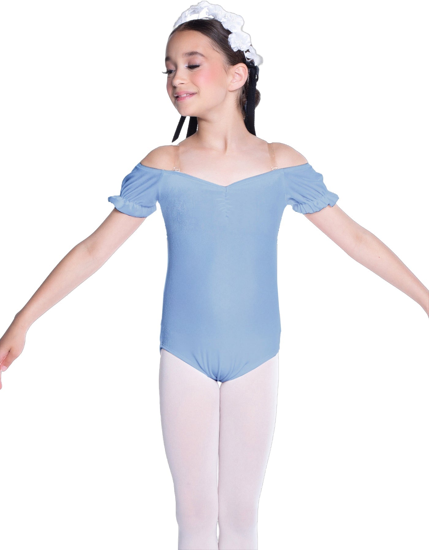 Solid Lycra Puff Sleeve Off the Shoulder Peasant Leotard