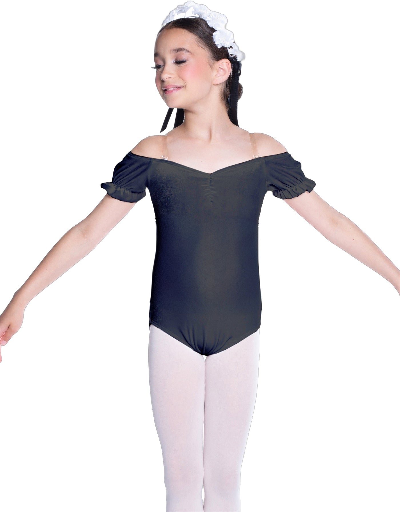 Solid Lycra Puff Sleeve Off the Shoulder Peasant Leotard