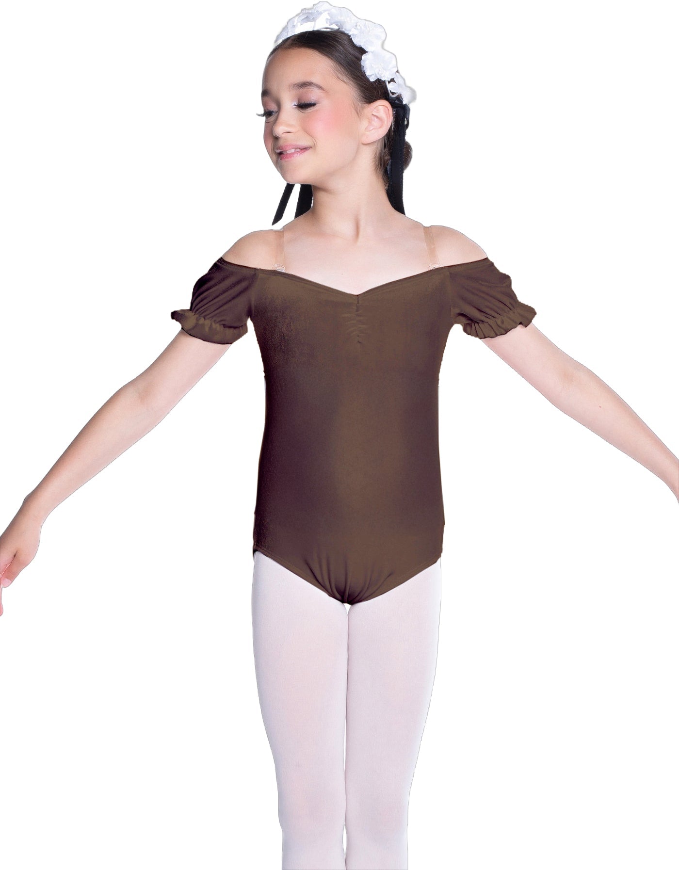 Solid Lycra Puff Sleeve Off the Shoulder Peasant Leotard