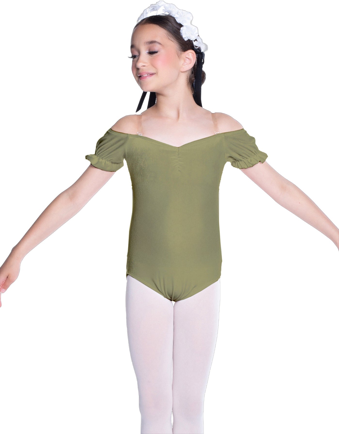Solid Lycra Puff Sleeve Off the Shoulder Peasant Leotard